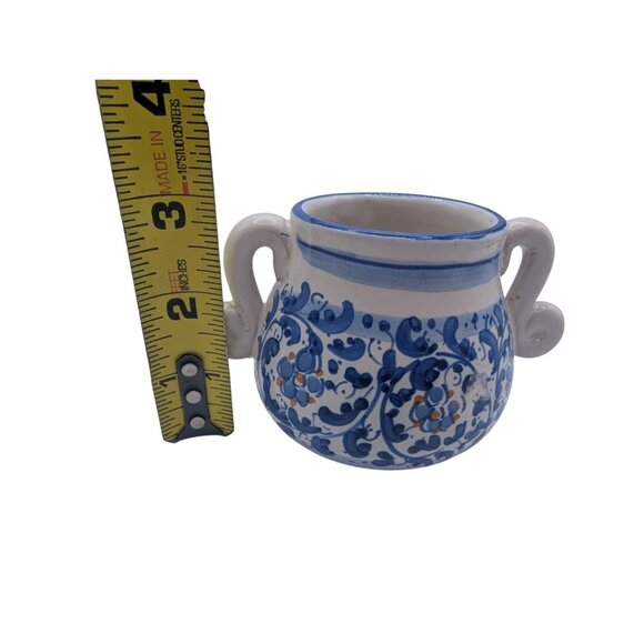 Hand-Painted Italian Pottery Sugar Bowl With Dual Handles & Blue Floral Design - Picture 5 of 9